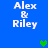 Blue background with white text 'Alex & Riley' and green pixelated hearts appearing in different positions across frames.