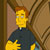 Pixelated cartoon character with yellow skin, red hair, and dark blue shirt holding a golden object against brown background.