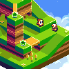 Pixel art scene of green platforms, brown pillars with yellow accents, and a blue sky background featuring clouds.