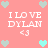 Pixelated pink background with repeated 'I LOVE DYLAN' text and heart symbols in light blue and gray.