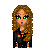 Pixel art of a character with long brown hair, green eyes, black jacket, red pin, white shirt, gray pants, and dark shoes on white background.