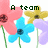 Pixelated floral arrangement with pink, yellow, blue, and purple flowers on green stems against white background, text above flowers changes from 'A team' to 'Mrs.Balcom'.