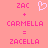 Pixelated pink text and symbols on a solid coral background, with two identical side-by-side configurations of 'ZAC + CARMELLA = ZACELLA' separated by a heart symbol.