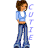 A pixelated animated buddy icon featuring a cartoon woman in blue crop top and jeans with the word "CUTIE" vertically aligned to her right, shown across three frames with subtle color variations.