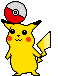Yellow cartoon character with red cheeks, black-tipped ears, and a Poké Ball on its head holds a yellow lightning bolt-shaped object against gray background.