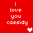 Red background with white pixelated text reading "i love you cassidy" and two heart symbols, one white and one pink.