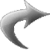 Pixelated grayscale dolphin in mid-leap against solid light gray background, curved body with gradient shading from white to dark gray, dorsal fin visible, tail fin extended, no visible text or additional elements.