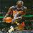 Pixelated figure in dynamic pose holding orange object against dark background with green horizontal bands.
