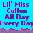 Pixelated text displays 'Lil' Miss Cullen All Day Every Day' in purple on a bright blue background with a red and purple wave pattern at the bottom.