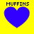 Four blue heart shapes on yellow background with "MUFFINS" text above each, showing pixel-level animation changes across frames.
