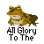 Pixelated brown frog with yellow eyes and red pupils, wearing a purple collar, positioned above text on a gray background.