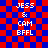 Pixelated text on red and blue checkered background with animated distortion effects.