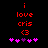 Red pixelated text 'i love cris <3' above purple and pink heart symbols on black background, with animation changing heart positions.
