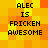 Pixelated text reads 'ALEC IS FRICKEN AWESOME' on a yellow-orange checkered background with visible animation changes across frames.