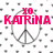 Pixelated icon with pink text 'XO KATRINA' over a gray peace symbol on white background with scattered dark pixels.