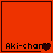 Four red square display "Aki-chan" text with pixelated heart symbols changing
