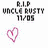 Four identical display 'R.I.P UNCLE RUSTY 11/05' text above pink heart icons with varying fill states
