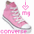Pixelated pink high-top sneakers with white laces and soles, featuring 'i ❤️ my' text above and 'converse' below on a white background.