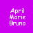 Pixelated text 'April Marie Bruno' appears in white on a split background of solid purple and white, with the text positioned in the top-left and bottom-right sections.