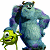 Pixelated image of two cartoon characters: a large blue-green monster with horns and a smaller green one-eyed creature holding hands.