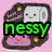Pixelated buddy with six distinct sections: pink background with cartoon character, blue text 'nessy', heart pattern, and text overlays
