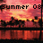 Animated sunset scene with silhouetted trees and water reflection, text 'Summer 08 Can't Wait' at top left changing to '<3' in center.