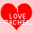 Two identical red heart-shaped icons with white text "I LOVE RACHEL" on a light pink background, each heart has a pixelated appearance.
