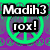 Pixelated buddy icon with green peace symbol on purple background, text 'Madih3 rox!' in black-and-white block letters.