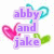 Animated icon with purple text and colored hearts; text changes from 'abby and jake' to 'for ever' then 'and ever', hearts shift positions.