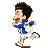 A 6-frame animated contact sheet showing a cartoon character in various running poses with mouth open, wearing blue and white sports attire against a gray background.