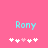Pixelated cyan text 'Rony' above five white and pink heart icons on a solid pink background.