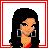 Pixel art contact sheet of an animated icon featuring a female character in red attire with multiple poses and text elements, arranged in a 3x3 grid on white background with red borders.