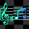 Animated sheet music with musical notes on five-line staves, featuring blue and green hues against a black-and-white checkered background.