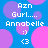 Blue background with overlapping pink and purple circles; white pixelated text 'Azn Gurl.... Annabelle' and emoticons ':)' '<3' repeated in a pattern