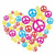 A heart-shaped arrangement of colorful pixelated circles in pink, blue, red, and yellow hues on a white background.