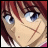 Pixelated anime-style close-up of a character with red hair and blue eyes, next to stylized text on a black background.