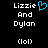 Pixelated text displays 'Lizzie And Dylan (lol)' with a blue heart symbol replacing the 'o' in 'Lizzie' on the left side of the image.