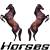 Two pixelated horses rear on hind legs against white background with partial text below.