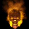 Animated skull with glowing yellow eyes and teeth, surrounded by orange and yellow flames against a black background.