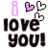 Pixelated graphic with 'love you!' text, pink and gray hearts above, and a pink paperclip symbol on white background.