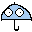 Two pixelated blue umbrella shapes with black outlines and curved handles, one displaying wide eyes and the other showing closed eyes against a gray background.