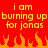 Red background with yellow pixelated text reading "i am burning up for jonas" repeated twice, orange and red flame shapes at the bottom.