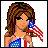 Pixelated character with brown hair and blue eyes holds American flag near face, wearing patriotic dress on red star background.
