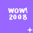 Purple background with repeated 'WOW! 2008' text in white pixelated font, featuring animated symbols between