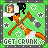 Pixelated character in orange and white outfit holding gray object, standing on green background with white symbols and text "GET CRUNK" at bottom.