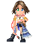 Pixel art character with brown hair and green eyes in nine poses holding various weapons against gray background.