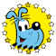 Blue cartoon character with large eyes and red mouth inside yellow circular frame surrounded by white and gold stars.