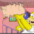 Pixelated cartoon character with light skin and blue hair wearing a yellow outfit, standing against a pink background with a small green rectangular object nearby.