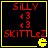 Red pixelated text "SILLY" and "SKITTLZ" with two red arrows on black background, yellow border, and yellow Pac-Man icon in bottom-right corner.