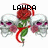 A pixelated image shows a red rose with green stem and leaves, flanked by two white skulls with purple eye sockets, under the text 'LAURA' in black block letters.